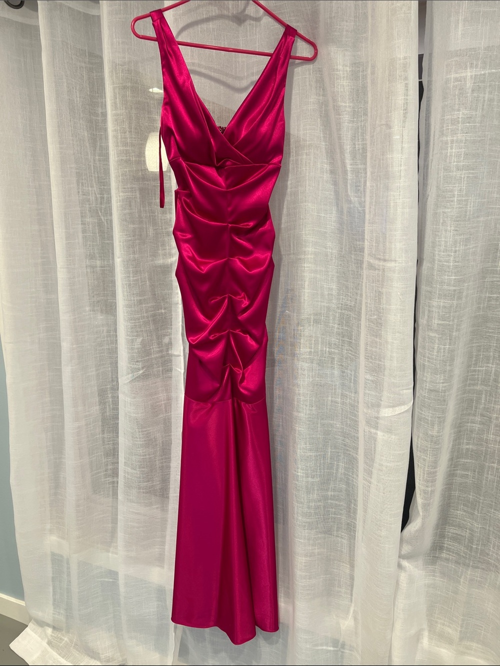 Caché magenta Satin Ruched V-Neck fishtail Evening Dress gown vintage Y2K - Picture 3 of 7